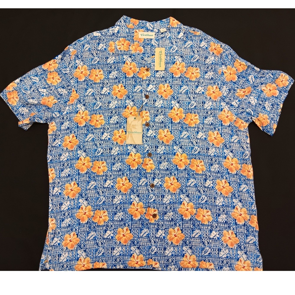 Caribbean Roundtree & Yorke Mens XL Blue Hibiscus Hawaiian Shirt NEW with Tags